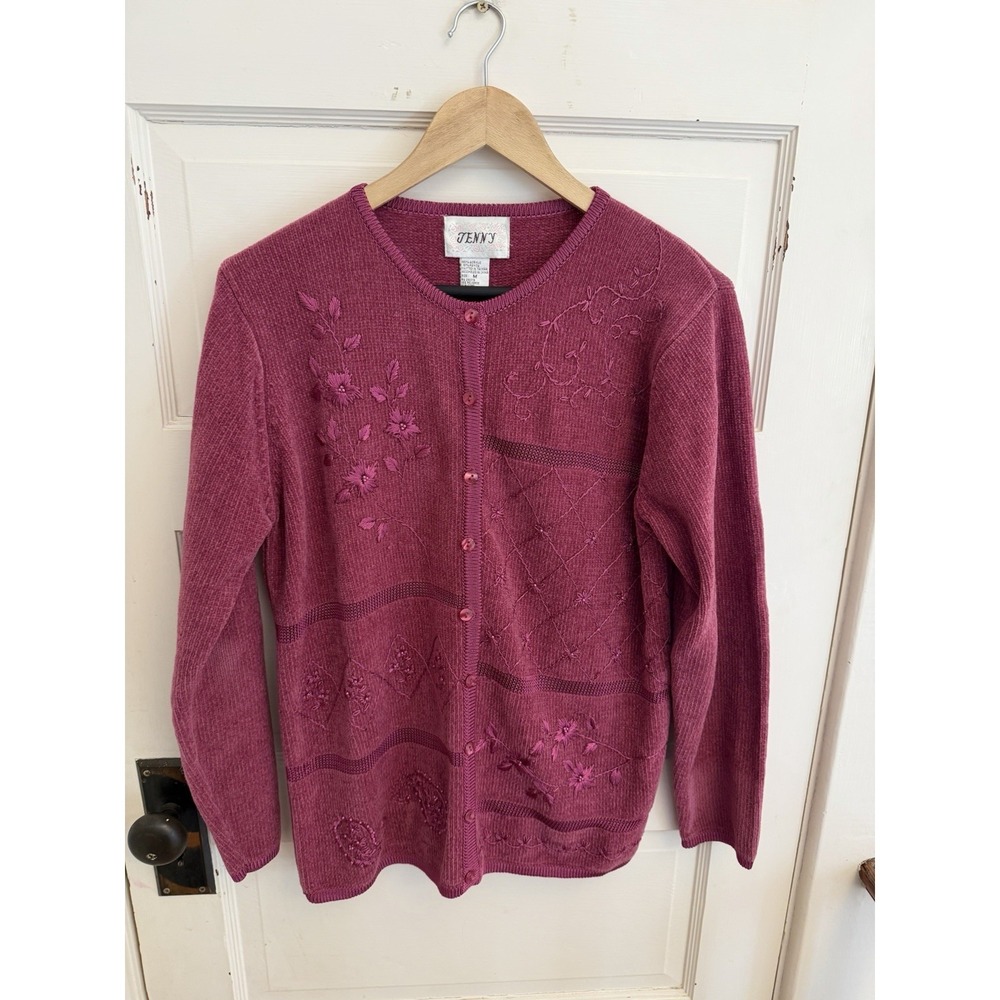 Jenny Vintage‎ Women's Pink Chenille Floral Embroidered Cardigan Sweater Size M